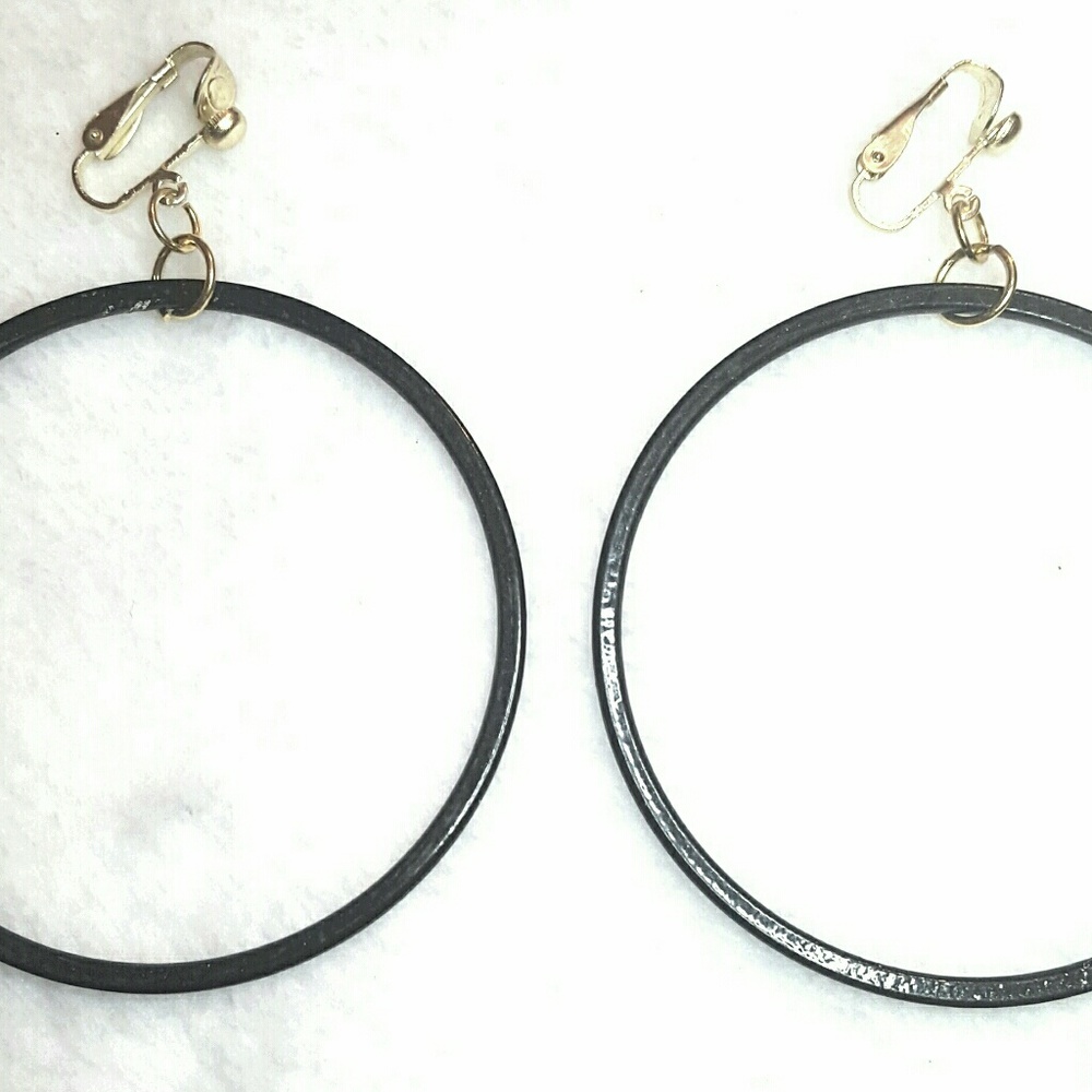 SALE 2.5" Gold Plated Clip-on BLACK Indian Hoops
